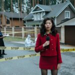 A journalist in a red outfit reporting live from a crime scene outdoors with stop tape and police presence.