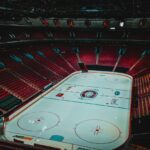an overhead view of a hockey rink in a stadium